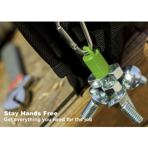 Close-up of Three Pack Heavy Duty Neodymium Magnet Set Anti Rust Holds Up To 12 Lbs with key ring clipped to tool belt.