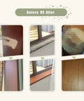 Before and after effect of using Self Adhesive Wood Grain Repair Tape 2.4 X 180 In for fixing scratches on wood surfaces.