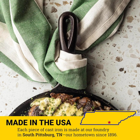 Round Cast Iron Griddle Pan 10.5 Inch Pre Seasoned Non Toxic PFAS Free Cookware with handle and cooked food, USA made tag