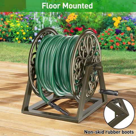 Heavy Duty Garden Hose Reel With Wall And Floor Mount Decorative Hose Holder And Winder For Outdoor Storage Built Tough Steel Construction Holds 200 Feet Of Five Eighths Inch Hose Not Included Keeps Yard Neat And Tidy, shown floor mounted with non-skid rubber boots in a garden setting.