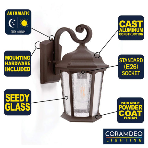 Outdoor Hex Wall Lantern Dusk To Dawn Sensor in rustic bronze cast aluminum with seeded glass, highlighting features and labels.