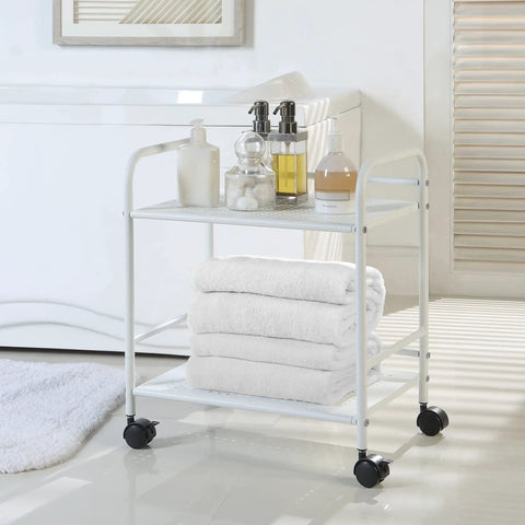 Sturdy White Two Tier Metal Rolling Utility Cart With Smooth Swivel Casters And Reinforced Steel Trays For Tight Quarters And Busy Desks That Truly Acts As A Legit Footprint Saver For Every Home Office Layout