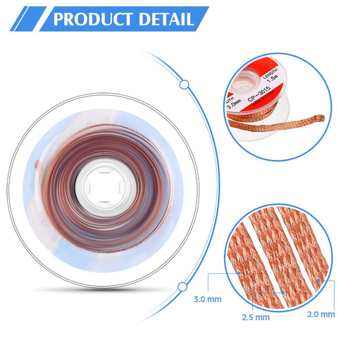 Solder Wick Desoldering Braided Solder Braid Set with spool detail, copper wicks, 2.0mm, 2.5mm, 3.0mm gauges.