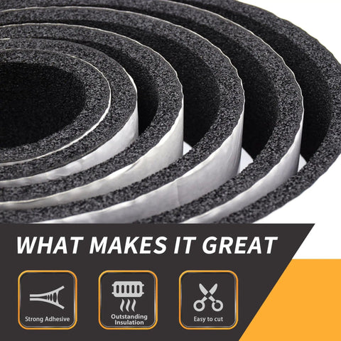 Coiled Self Adhesive Pipe Insulation Foam Tape For Outdoor Water Lines, 0.5in thick sponge strip, weather resistant.