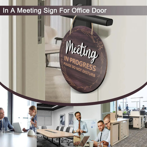 Double Sided Meeting In Progress Door Sign For Office Doors 9.8 Inch Round Wood Conference Room Decor Do Not Disturb Please Knock