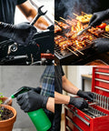 Thick 8 Mil Black Nitrile Gloves Heavy Duty Disposable Work Gear With Serious Diamond Grip Touchscreen Ready Oil Water Resistant All Day Flex Pack Of 100 Large Size used for car maintenance, grilling, gardening, and toolbox work.