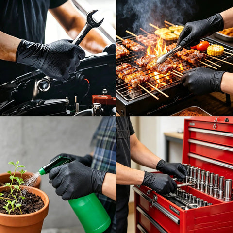Thick 8 Mil Black Nitrile Gloves Heavy Duty Disposable Work Gear With Serious Diamond Grip Touchscreen Ready Oil Water Resistant All Day Flex Pack Of 100 Large Size used for car maintenance, grilling, gardening, and toolbox work.