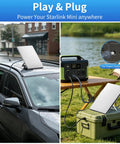 Ablian Starlink Mini Power Cord 32.8FT Flat DC5521 charging cable, connected to a car rooftop and portable power station.