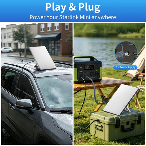 Ablian Starlink Mini Power Cord 32.8FT Flat DC5521 charging cable, connected to a car rooftop and portable power station.