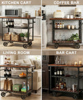 Smooth Rolling Three Tier Vintage Bar Cart On Wheels With Heavy Duty Metal And Wood Frame For Kitchen Home Office Or Weekend Hangout Setup Built Rock Solid With Dual Side Handles in kitchen, coffee bar, living room, and bar cart setups.