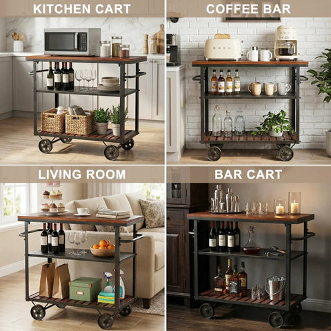 Smooth Rolling Three Tier Vintage Bar Cart On Wheels With Heavy Duty Metal And Wood Frame For Kitchen Home Office Or Weekend Hangout Setup Built Rock Solid With Dual Side Handles in kitchen, coffee bar, living room, and bar cart setups.