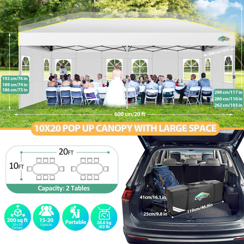 10x20 Pop Up Canopy Shelter With Six Sidewalls No Fuss One Push Setup Waterproof UPF 50 Gazebo For Weddings Parties And Events