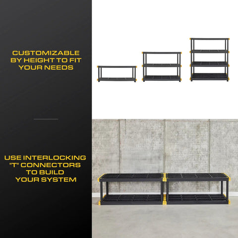4-Tier Heavy Duty Plastic Garage Storage Shelves For No-Fuss Organization And Space Saving, Rugged Multi Shelf Rack To Tidy Tools, Gear, And Containers, Easy Assembly, Ideal For Workshop Or Home Garage, modular height options with interlocking T connectors