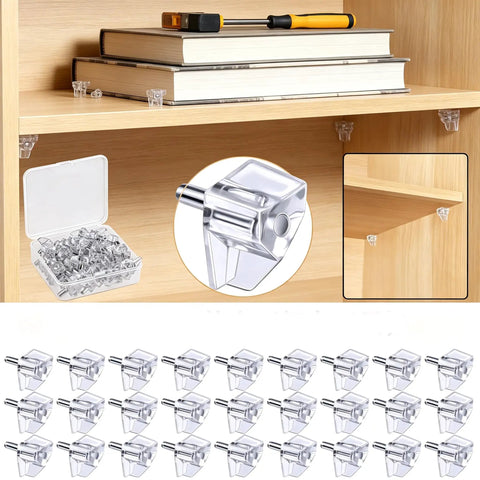 50 Pack 5mm Clear Plastic Shelf Pegs with Steel Core for Cabinets, Kitchen, Bookcases, Closets, shown with package and books