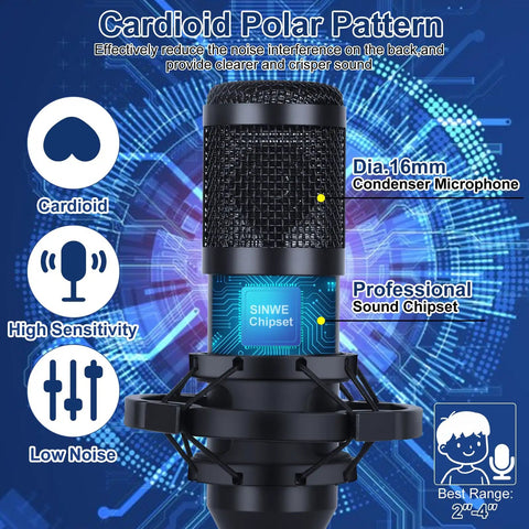 Close-up of BM-800 condenser microphone from All-In-One Podcast Studio Bundle With BM-800 Microphone, Voice Changer, and Live Audio Interface.