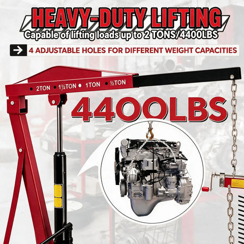 Top Shelf 2 Ton Hydraulic Engine Hoist Foldable Cherry Picker With Quad Position Telescopic Boom 4400 Lbs Capacity showing adjustable holes