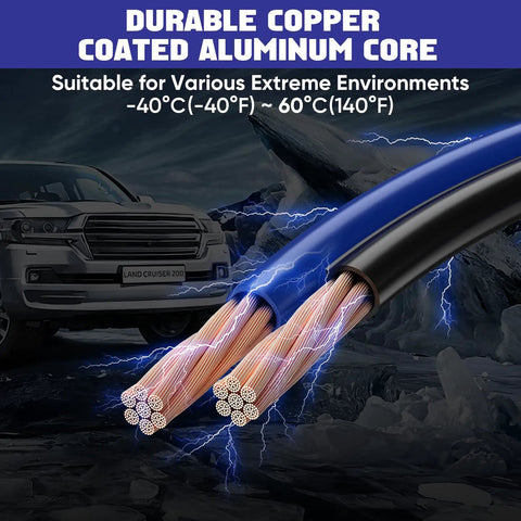 2/0 Gauge Heavy Duty Jumper Cables 30 Ft With Quick Connect shown with copper core and extreme environment suitability
