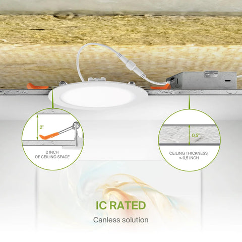 12 Pack Ultra Thin 6 Inch LED Recessed Lights With Junction Box, 5 CCT Selectable, Canless installation details
