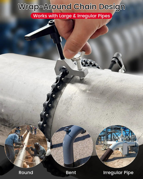 Pro Grade Adjustable Pipe Alignment Chain Pliers And Tough As Nails Clamp For Up To 14 Inch Round Pipes securing round and irregular pipes.