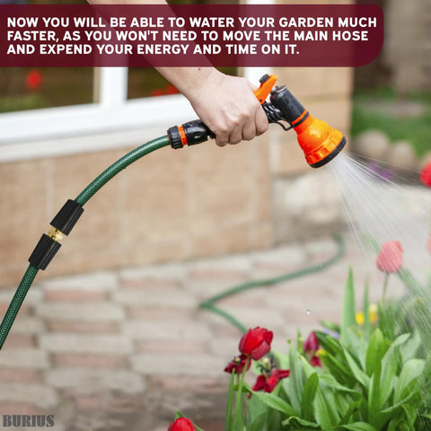 Front view of a green garden hose with brass M22 connector and orange spray nozzle.