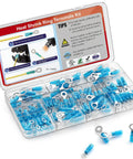 Marine Heat Shrink Ring Terminal Kit for 16-14 AWG Wires, 100 blue connectors with 1/4 5/16 3/8 inch studs in plastic case