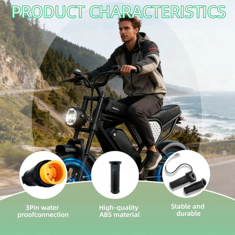 Full Twist Throttle Grip for Ebikes and Scooters, 22.2mm Clamp, 12V to 72V Universal, 3 Pin Waterproof Connector, Snappy Response and Smooth Acceleration on Most 24V to 72V Systems