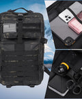 50L Large Tactical Backpack With MOLLE System For Travel Camping Hiking And Fishing Army Assault Pack With Multiple Pockets And Concealed Back Pocket Black Camo 3 To 5 Day Gear Carry, front view with US flag patch and close-ups of pockets holding gadgets and tools.