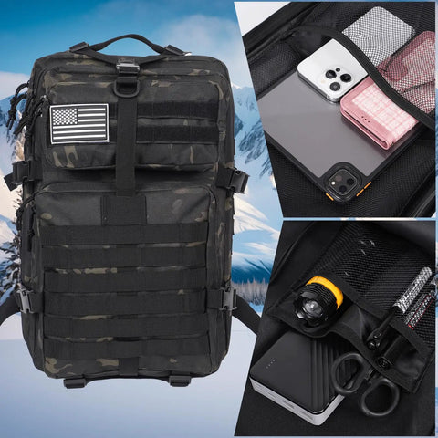 50L Large Tactical Backpack With MOLLE System For Travel Camping Hiking And Fishing Army Assault Pack With Multiple Pockets And Concealed Back Pocket Black Camo 3 To 5 Day Gear Carry, front view with US flag patch and close-ups of pockets holding gadgets and tools.