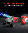 Cordless angle grinder with red and black body and battery pack; 4.5-inch wheel, brushless motor
