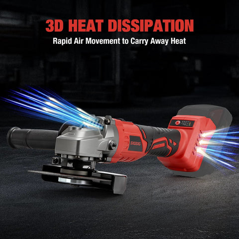 Cordless angle grinder with red and black body and battery pack; 4.5-inch wheel, brushless motor