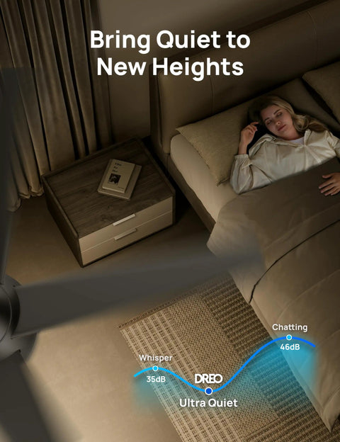 Woman relaxing in bed beneath Next Level Smart Ceiling Fan With Lights 52 Inch Black For Smart Home Cooling 12 Speeds And 3 Modes