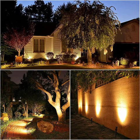 Landscape lighting with MR16 LED Light Bulbs 12 Pack, 50W Equivalent, 2700K Warm White showing garden and wall illumination.