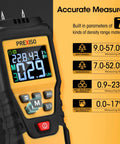 7 In 1 Digital Wood Moisture Meter For Firewood And Woodworking Pin Type Tester with display and range parameters chart