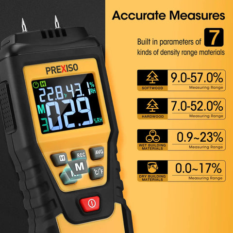 7 In 1 Digital Wood Moisture Meter For Firewood And Woodworking Pin Type Tester with display and range parameters chart