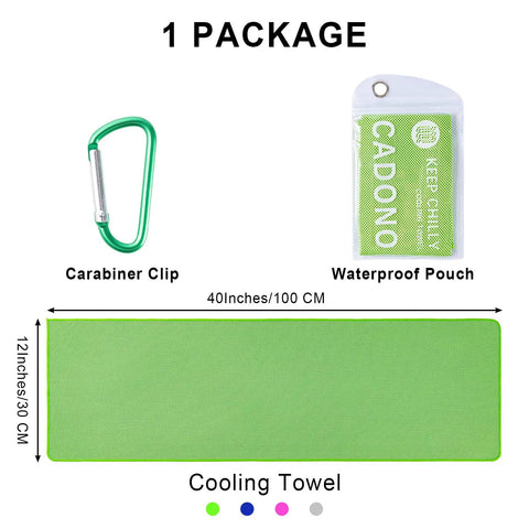 Must Have 4 Pack Cooling Towels 40x12 Inches Microfiber Ice Towels with carabiner clip and waterproof pouch, green towel