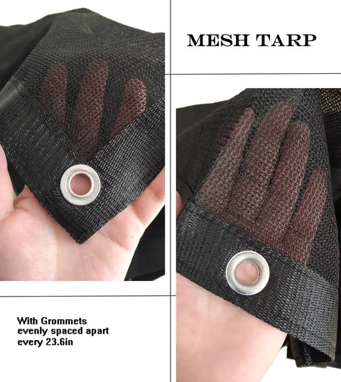 Heavy Duty 10x10 Shade Mesh Tarp With 80 Percent Shade Flat Black Polyethylene Netting showing grommets and reinforced edges