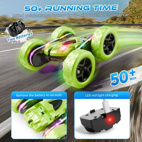 4WD Remote Control Car With 360 Flip And Double Sided Stunt Play All Terrain Off Road Toy With LED Light Bar and USB C Modular Battery shown in motion on road