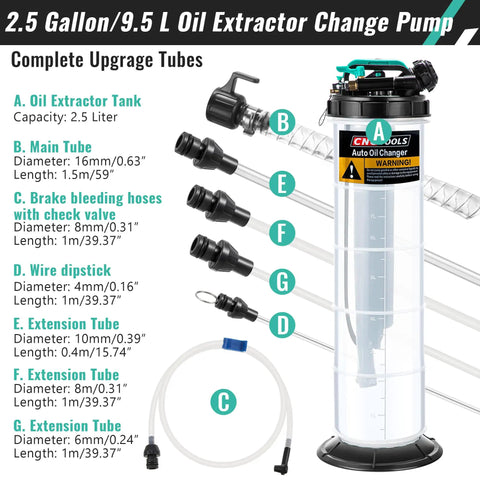 2.5 Gallon Oil Extractor Pump For Cars And Boats - Manual And Automatic Vacuum Extraction, Heavy Duty Fluid Change System With 5 Brake Bleeding Hoses, tubes displayed