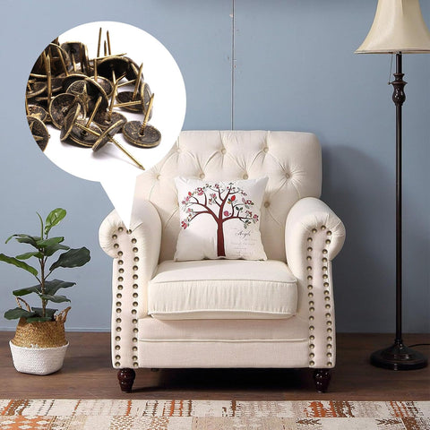 Top Shelf 100 Piece Star Bronze Furniture Tacks With Rust Proof Finish And Sleek Vintage Vibe For Straight Up Wood Repair And Sweet Upholstery Upcycling Work beside upholstered chair.