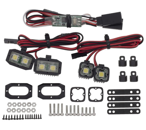 Ultra Bright White LED RC Car Lights For 1 To 10 Scale Crawlers with mounts, brackets, and hardware for installation