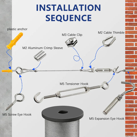 Installation sequence of Heavy Duty One Eighth Inch Wire Rope Kit 165FT Stainless Steel Cable With M5 Turnbuckles