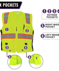 Top Shelf High Visibility Mesh Safety Vest With Six Roomy Utility Pockets For Tools And Tablets Bright Yellow Reflective Hi Vis PPE Gear front view with reflected tape and pockets.