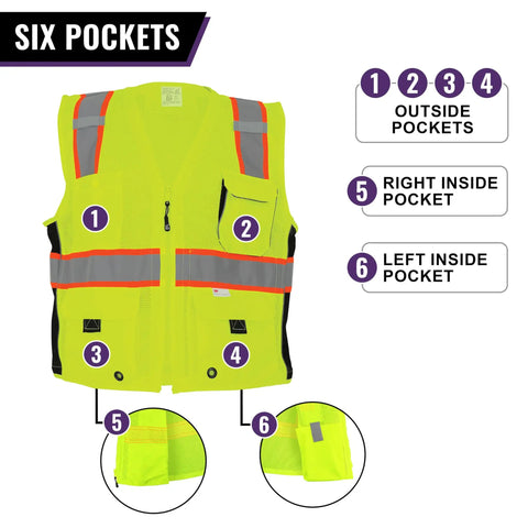Top Shelf High Visibility Mesh Safety Vest With Six Roomy Utility Pockets For Tools And Tablets Bright Yellow Reflective Hi Vis PPE Gear front view with reflected tape and pockets.