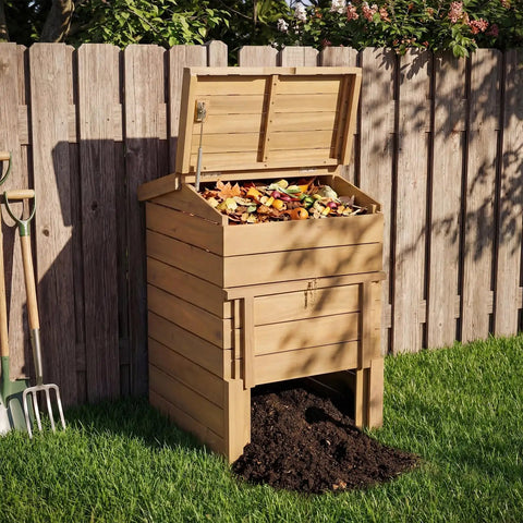 Solid Wood Compost Bin 48 Gallon Outdoor Bin With Lockable Sliding Door Flip Top Opening Gas Rods Beefy Build Heavy Duty Large Capacity