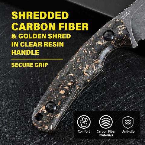 Close-up of DC53 Steel Fixed Blade Knife carbon fiber handle with shredded design, highlighting anti-slip and comfort features.