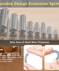 Front view of Beesini extension spring assortment kit, 100 pcs, 25 sizes, stainless steel springs.