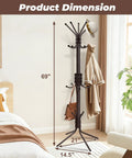 Three Tier Freestanding Coat Rack With Fifteen Hooks in bedroom, 69 inch tall, brown finish, holds jacket and bag, sturdy design