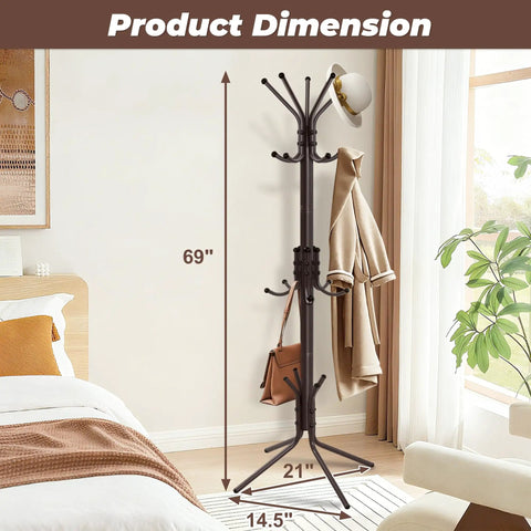 Three Tier Freestanding Coat Rack With Fifteen Hooks in bedroom, 69 inch tall, brown finish, holds jacket and bag, sturdy design