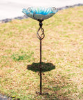 Blue Glass Bird Bath And Feeder With Metal Stake For Yard And Garden 31 Inch Outdoor Height Four Pronged Stable Base