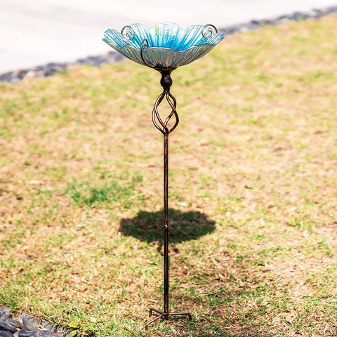 Blue Glass Bird Bath And Feeder With Metal Stake For Yard And Garden 31 Inch Outdoor Height Four Pronged Stable Base